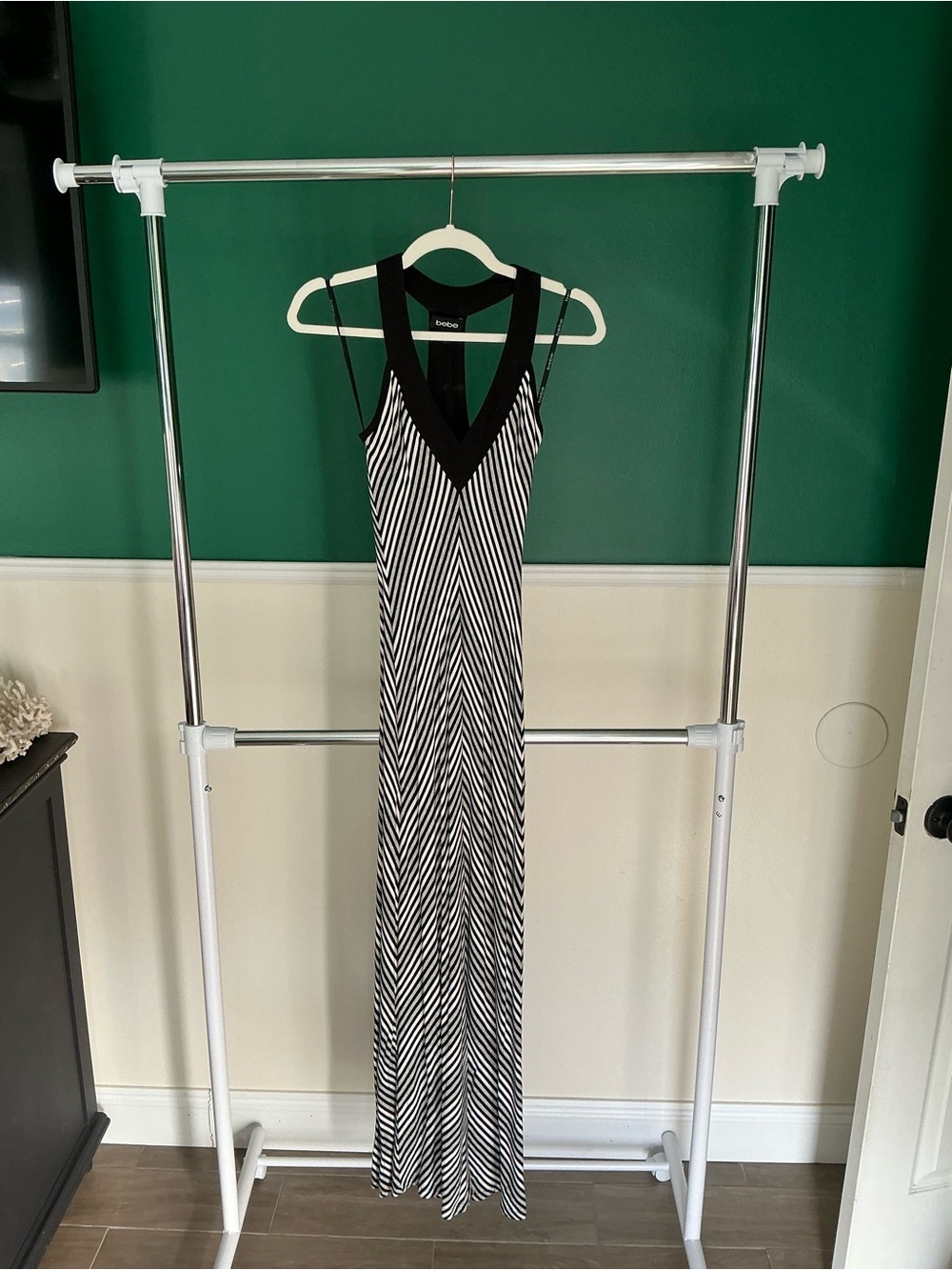 bebe Black and White Striped V-Neck Maxi Dress